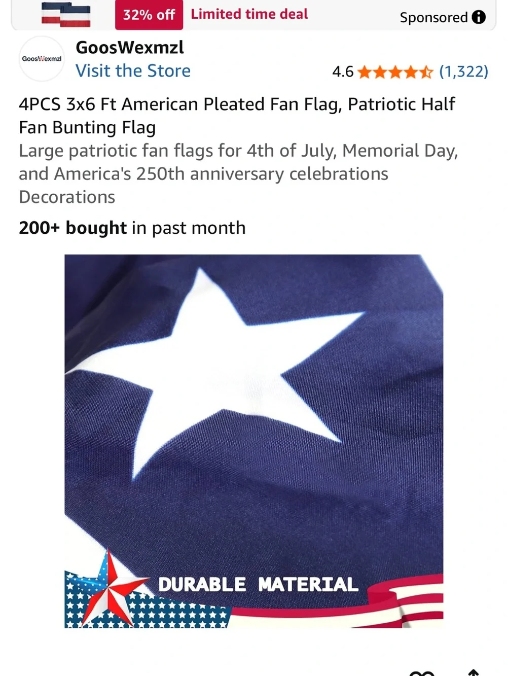 Red White Blue Patriotic Pleated Fan Flags - 4 Pack
